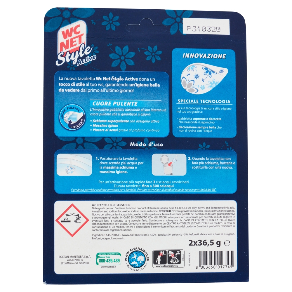 Wc Net - Tavoletta Style Active, Detergente Igienizzante Solido per WC, Blue Sensation, 2 Pezzi
